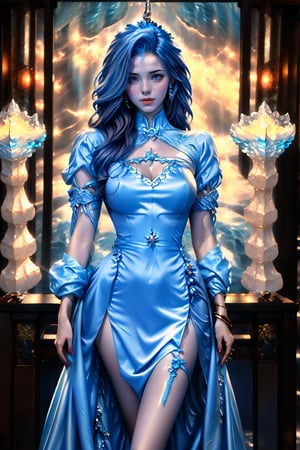 The teenage sorceress in a fantasy style utilizes ice-based magic, her face is remarkably lifelike, resembling a bit of a Japanese or Korean female celebrity, accompanied by a large ice dragon. Her magic staff is a silver ice crystal with a blue gem atop it. She wears a white robe adorned with icy patterns. Her hair is a light shade of blue, and her eyes are deep blue. Her expression remains calm as she has just discovered a mysterious cave.Masterpiece, High Quality, High Detail, Top Quality, Hi-Res, HD, 16k, 8k, 4K, Award-Winning BREAk, Realism, Depth of Field, Cinematic Lighting, Backlight, Symmetry, Bokeh, f/1.8, Eye Level Shot, 35mm, Very Delicate and Beautiful, Very Detailed, Amazing, Fine Detail, Masterpiece, Best Quality, Official Art, Absurd, Incredibly ridiculous, Ultra detailed, High Definition, Very detailed, Beautiful cute girl, (Cowboy Shot: 1.25), Break, Wavy Hair , Very detailed eyes and face, Beautiful detailed eyes, Face light, 18 years old, (golden yellow long straight hairstyle: 1.2), detailed hair, (slender: 1.15), perfect anatomy, perfect proportions, (waterfall background: 1.25), detailed background, (looking at the viewer, facing the viewer: 1.15), ((seductive model pose)), (((dynamic pose))), cinematic lighting, ,Mecha body, conan style dress, Nice legs and hot body, More Detail, blue eyes, red lips, seductive smile,Fashion cheongsam