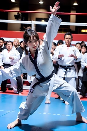 A woman wearing black kung fu uniform is performing martial arts on the ring. There are a lot of spectators in the background.,realhands