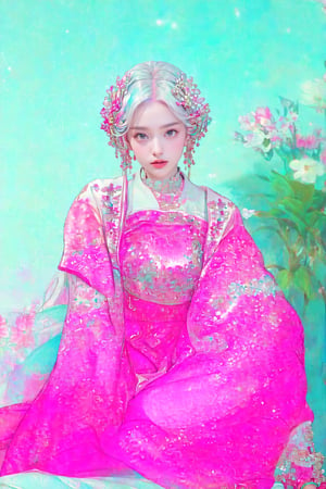 Best picture quality, high resolution, 16k, realistic, sharp focus, extreme picture quality, detailed face + eyes, casual pose, elegant, casual facial expression, realistic image of an elegant lady, no hair accessories, dark eyes , fractal art, bright colors, Korean beauty supermodel, pure white hair mixed with colorful hair tails, wearing Hanfu, wearing high-heeled sandals, radiant, perfectly customized gorgeous floral embroidery pattern suit, custom design, 1 girl, tense , looking at the audience, ,floral print,1girl,gongbiv,CLOUD,perfect