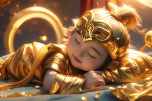 Cute little Sun Wukong, lying down and sleeping comfortably, next to him are a golden headband, a golden hoop and a golden battle armor.