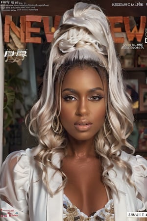 1girl, solo, upper body, white hair, lips, traditional media, reality, pop idol magazine, title font "New Lora Is Coming", attractive cover with beauty characters