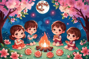 A group of cute children circled around the campfire, with mooncakes and grapefruit beside them. The full moon at night was very bright and beautiful, and the cherry blossoms next to them were raining down flowers.

