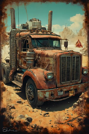 Masterpiece, professional, award-winning, intricate details, ultra high detailed, Create a shirt design with a Rusty Peterbilt truck full of chains and metal spikes in the style of Mad Max, vehicle focus, driving in desert,ek_art_b00ster,anime,illustrated,FluxBoost,myvectorillustrations