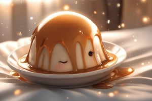 Cute little pudding, very comfortable to lie down and sleep in, cup shape, with melted caramel, semi-liquid flow down