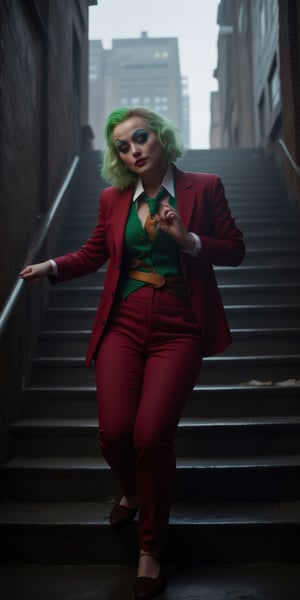 Score_9, rating_explicit, (Masterpiece, Highest Quality: 1.4), (Beautiful, Beautiful, Perfect, Exquisite, Complex: 1.2) Joker (2019 version) Dancing downstairs in the stairwell
solo, green hair, shirt, long sleeves, 1girl, standing, jacket, full body, female focus, outdoors, open clothes, tie, shoes, collared shirt, pants, vest, raised arms, english text, cosplay, mask , imitation, brown shoes, formal, suit, red jacket, clasped hands, stairs, green shirt, green vest, red pants, green tie, photo background, clown, urban clown portrait with rainy Gotham city in the background, The picture should have an atmosphere that changes from sadness to joy, and a subtitle should appear next to the picture: "I once thought my life was a tragedy, but now I find that it is actually a comedy."