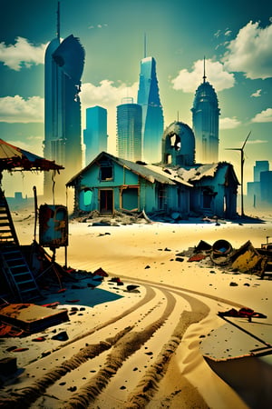 Abandoned cityscape, no people, wind and sand blowing