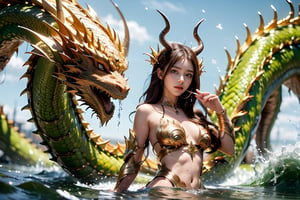 The girl holds a flute, has dragon horns on her head, dragon claws on her hands, dragon teeth, water waves, whirlpools, all over her body, and rides on a Chinese green dragon美女