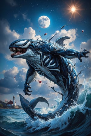 score_9,
Hero movie style. Venom merges with killer whale, night. A giant venomous killer whale leaps out of the sea. Huge waves splashed out from behind her.
Extreme Detail, Cinematic Shots, Photorealistic Illustrations, (Soothing Tone: 1.3), (Ultra Detailed: 1.2), Masterpiece, RAW, Best Quality), (Vivid Colors: 1.3), Best Quality, Masterpiece, Beauty & Aesthetics, 16K, (HDR: 1.4), High Contrast, (Vivid Colors: 1.4), (Quiet Colors, Dull Colors, Soothing Colors: 0), Cinematic Lighting, Ambient Lighting, Side Lighting, Fine Details and Textures, Cinematic Lens, Warm, Full Body (Bright Intense: 1.2)), (Masterpiece, Top Quality, Best Quality, Official Art, Beautiful: 1.2), HDR, High Contrast, Wide Angle Lens (High Detail) Skin: 1.2) (Romantic Ocean Theme , followed by a full moon, a sky full of stars and a lighthouse on the sea).