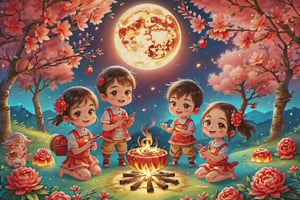 A group of cute children circled around the campfire, with mooncakes and grapefruit beside them. The full moon at night was very bright and beautiful, and the cherry blossoms next to them were raining down flowers.

