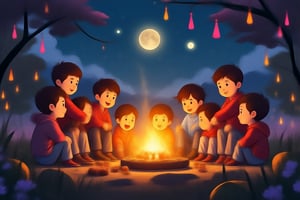 A group of cute children circled around the campfire, with mooncakes and grapefruit beside them. The full moon at night was very bright and beautiful, and the cherry blossoms next to them were raining down flowers.

Perfect Skin, (RAW Photo, Best Quality), (Real, Photo Real: 1.3), Best Quality, Masterpiece, Beauty & Aesthetics, 16K, (HDR: 1.4), High Contrast, (Vivid Colors: 1.4), ( Silent Colors, Dull Colors, Soothing Tone: 0), Cinematic Lighting, Ambient Lighting, Side Lighting, Fine Details and Textures, Cinematic Lenses, Warm Colors, Full Body (Bright and Intense: 1.2), (Masterpiece, Top Quality , Best Quality, Official Arts, Beauty & Aesthetics: 1.2), HDR, High Contrast, Wide Angle Lens (Highly Detailed Skins: 1.2)