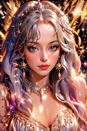 masterpiece, animation style, very detailed, HD, 1girl, solo, elf, elf ears, silver tiara, long hair, feathers, jewelry, white hair, gradient hair, gems, lips, glitter particles background, bokeh, masterpiece , best quality, 16k, ultra-detailed, detailed, high resolution, perfect dynamic composition, detailed eyes, emerald green eyes, cinematic lighting, detailed background, depth of field, perfect proportions, ultra-detailed skin, clear Skin, wind blowing hair, full body, desert background, rune text on body