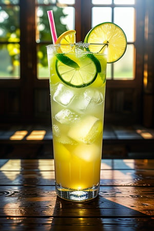 A refreshing cold drink in a tall, frosted glass, with condensation dripping down its sides, set on a rustic wooden table. The drink is illuminated by natural sunlight streaming through a window, casting a warm glow. The composition includes a few ice cubes floating in the drink, with a slice of lemon or lime adding a splash of color. The background features a cozy, inviting indoor setting, with soft shadows and a sense of comfort.