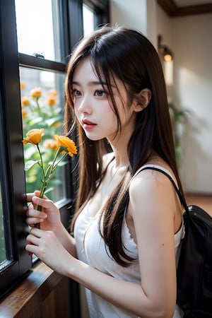 2 girls, black hair, 鄰家女孩,full_body,Female students are blowing air by the window, holding a flower in their hands and arranging each other's hair with their hands