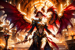 solo, 1girl, phoenix tail, weapon, female focus, phoenix wings, horns, fire, magic circle, red phoenix