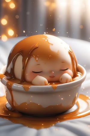 Cute little pudding, very comfortable to lie down and sleep in, cup shape, with melted caramel, semi-liquid flow down