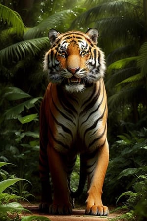 A majestic tiger standing in a dense jungle, sunlight filtering through the trees creating a dappled effect on its fur, the tiger's eyes sharp and focused, its body poised for action, the background filled with lush greenery and subtle hints of wildlife, the composition centered on the tiger with a slight diagonal tilt, capturing its powerful presence and natural environment.