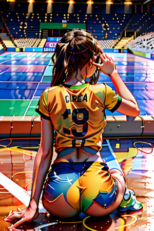 The image depicts a moment of triumph and defeat at a badminton match, likely from the Paris 2024 Olympic Games as indicated by the signage. The victorious player is kneeling on the court with his arms raised in celebration, wearing a yellow shirt and black shorts, while the defeated player lies prone on the court with his head on the ground, dressed in a similar outfit. The background shows an audience in a stadium setting, with some spectators standing and clapping. The court is marked with white lines, and the colors purple and green are prominent in the surroundings.,陽光少女,日本清純女生,hourglass body shape