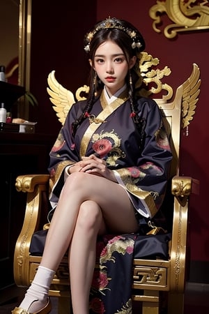 1 girl, long hair, purple hair, Qing Dynasty aristocratic female hair accessories are very gorgeous covered with various gemstones and gold, sitting on the dragon chair, dragon wings, horns, red sky, black clouds, gorgeous red background with gold rim on it Embroidered Hanfu with phoenix, long black water sleeves at the cuffs, moon, flames all over the palace, claws, dragon, dragon tail, scales, architecture, East Asian architecture Forbidden City, Eastern dragon, Empress Dowager Cixi, purple eyes, luminous pearls on the palms covered by purple flames Surrounded by a lot of gold jewelry, the whole body is filled with purple evil spirit, nodf_lora
(long straight purple hair with bangs),(clearly purple eyes),looking at viewer,longfade eyebrow,  make up, ombre lips,
perfect skin,(huge breasts),busty body,, slender legs,frosty,(beauty salon theme:1.5),finger detailed,hand detailed,feet detailed,toes detailed,                                          background detailed, ambient lighting, extreme detailed, cinematic shot, realistic illustration, 
(soothing tones:1.3), (hyperdetailed:1.2), masterpiece,  

(RAW photo, best quality), (realistic, photo-Realistic:1.3), best quality, masterpiece, beautiful and aesthetic, 16K, (HDR:1.4), high contrast, (vibrant color:1.4), (muted colors, dim colors, soothing tones:0), 
cinematic lighting, ambient lighting, sidelighting, Exquisite details and textures, cinematic shot, Warm tone, full body(Bright and intense:1.2), (masterpiece, top quality, best quality, official art, beautiful and aesthetic:1.2), 
hdr, high contrast, wideshot(highly detailed skin: 1.2),                                                              
Normal feets,feets with socks,
Legs crossed normally,hands crossed normally,Normal feets,normal nipples,Normal body,normal limbs,Normal ass,normal toes
No missing limbs,no Excessive text and watermark,清朝,宮廷