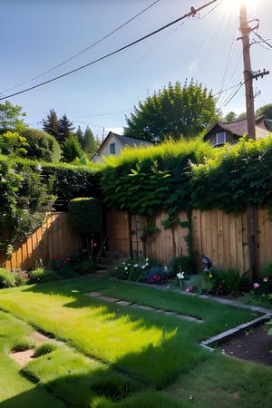 A sunny summer afternoon, a verdant garden in focus, with a wooden fence and lush greenery. A power line stretches across the top of the frame, supporting multiple wire baskets where a chattering sparrow perches, its tiny feet gripping the wires as it takes flight, sunlight casting a warm glow on its feathers.