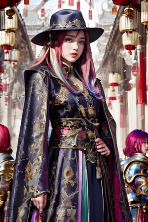 Solo, 1boy, hat, weapon, female focus, sword, cloak, long ombre hair, bangs, architecture, East Asian architecture, jewelry ornaments