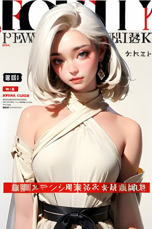 1girl, solo, upper body, white hair, lips, traditional media, reality, pop idol magazine, title font "New Lora Is Coming", attractive cover with beauty characters,jpop cover 80s,金髮女的笑容,棕捲髮美女,戀愛感,海邊泳裝少女,陽光少女,Fusion monster