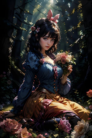 Snow White stands confidently in a serene forest setting, eyes closed as if savoring the peaceful atmosphere. Her short black hair is styled with bangs framing her face. She wears a blue shirt with puffy sleeves and a yellow skirt that falls just above her knees. Her legs are long and slender, ending in high heels adorned with cute little animals. A pink bow headband sits atop her head, tied neatly around her forehead. A rose blooms at her feet as she holds a basket filled with flowers. Her short sleeves reveal toned arms, and her shirt showcases a subtle rise of cleavage. Soft makeup enhances her features, and her gradient lips curve into a gentle smile. The ambient light casts a warm glow over the scene, highlighting her perfect skin and detailed fingers.,huge ass