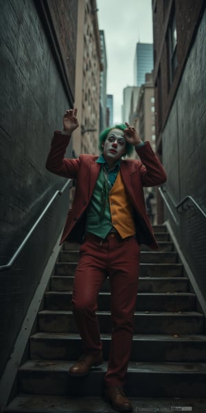 Score_9, rating_explicit, clown (2019 version) dancing downstairs in the stairwell
solo, green hair, shirt, long sleeves, 1girl, standing, jacket, full body, female focus, outdoors, open clothes, tie, shoes, collared shirt, pants, vest, raised arms, english text, cosplay, mask , imitation, brown shoes, formal, suit, red jacket, clasped hands, stairs, green shirt, green vest, red pants, green tie, photo background, clown, urban clown portrait with rainy Gotham city in the background, The picture should have an atmosphere that changes from sadness to joy, and a subtitle should appear next to the picture: "I once thought my life was a tragedy, but now I find that it is actually a comedy."