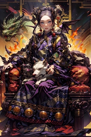 1 girl, long hair, purple hair, Qing Dynasty aristocratic female hair accessories are very gorgeous, covered with various gems and gold, sitting on a dragon chair, dragon, dragon tail, scales, behind there is a purple oriental dragon, huge dragon wings , black dragon horns, sharp claws, grasping this purple-light night pearl, red sky, black clouds, gorgeous red background, with gold-rimmed embroidered phoenix Hanfu, long sleeves with black water on the cuffs, the moon, a palace full of flames, buildings, East Asian Architecture Forbidden City, Oriental Dragon, Empress Dowager Cixi, purple eyes, luminous pearls on the palm covered with purple flames, surrounded by a large number of golden jewels, the whole body is filled with purple evil spirit, nodf_lora
(Long straight purple and black hair, with bangs), (obviously purple eyes)
,清朝