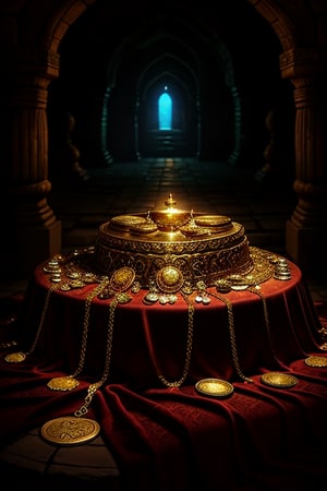 A sprawling pile of treasures, with soft, warm lighting highlighting the variety of precious items. The scene is set in a hidden, ancient chamber with stone walls and intricate carvings. The composition captures the depth and richness of the pile, with gold coins, jewels, ancient artifacts, and ornate jewelry scattered across a velvet cloth. The background is slightly blurred, emphasizing the allure and mystery of the hidden treasures.