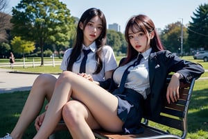 Two cute schoolgirls in uniforms sitting on chairs in the park.
(long multi-colored hair, bangs), looking at the viewer, (obviously not dark eyes), long eyebrows, soft makeup, ombre lips, (huge breasts), plump body, long straight legs, sweet , fingers detailed, background detailed, ambient lighting, extremely detailed, cinematic shots, realistic illustrations, masterpiece, perfect skin,

Sun exposure, outdoor, quiet, normal feet, no redundant text and watermarks, beauty, masterpiece, real, realistic, cyberpunk ,鄰家女孩,cyber punk,美女,沙龍