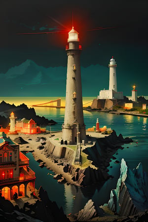 The splendid city landscape is decorated with various rare minerals and the lighthouse emits neon light.