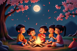 A group of cute children circled around the campfire, with mooncakes and grapefruit beside them. The full moon at night was very bright and beautiful, and the cherry blossoms next to them were raining down flowers.