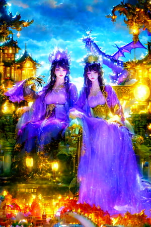 1 girl, long hair, black hair, Qing Dynasty aristocratic female hair accessories are very gorgeous, covered with various gems and gold, sitting on a dragon chair, dragon, dragon tail, scales, behind there is a purple oriental dragon, huge dragon wings , black dragon horns, sharp claws, grasping this purple-light night pearl, red sky, black clouds, gorgeous red background, with gold-rimmed embroidered phoenix Hanfu, long sleeves with black water on the cuffs, the moon, a palace full of flames, buildings, East Asian Architecture Forbidden City, Oriental Dragon, Empress Dowager Cixi, purple eyes, luminous pearls on the palm covered with purple flames, surrounded by a large number of golden jewels, the whole body is filled with purple evil spirit, nodf_lora
(Long straight purple hair, with bangs), (obviously purple eyes)