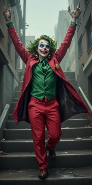 Score_9, rating_explicit, (Masterpiece, Highest Quality: 1.4), (Beautiful, Beautiful, Perfect, Exquisite, Complex: 1.2) Joker (2019 version) Dancing downstairs in the stairwell
solo, green hair, shirt, long sleeves, 1girl, standing, jacket, full body, female focus, outdoors, open clothes, tie, shoes, collared shirt, pants, vest, raised arms, english text, cosplay, mask , imitation, brown shoes, formal, suit, red jacket, clasped hands, stairs, green shirt, green vest, red pants, green tie, photo background, clown, urban clown portrait with rainy Gotham city in the background, The picture should have an atmosphere that changes from sadness to joy, and a subtitle should appear next to the picture: "I once thought my life was a tragedy, but now I find that it is actually a comedy."