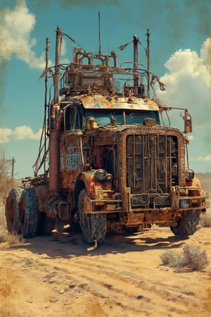 Masterpiece, professional, award-winning, intricate details, ultra high detailed, Create a shirt design with a Rusty Peterbilt truck full of chains and metal spikes in the style of Mad Max, vehicle focus, driving in desert,ek_art_b00ster,anime,illustrated,FluxBoost,myvectorillustrations