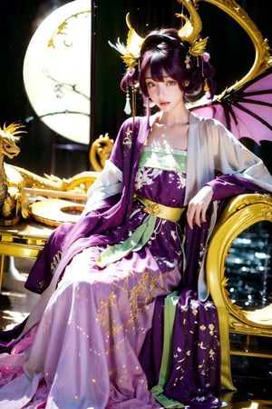 1 girl, long hair, black hair, Qing Dynasty aristocratic female hair accessories are very gorgeous, covered with various gems and gold, sitting on a dragon chair, dragon, dragon tail, scales, behind there is a purple oriental dragon, huge dragon wings , black dragon horns, sharp claws, grasping this purple-light night pearl, red sky, black clouds, gorgeous red background, with gold-rimmed embroidered phoenix Hanfu, long sleeves with black water on the cuffs, the moon, a palace full of flames, buildings, East Asian Architecture Forbidden City, Oriental Dragon, Empress Dowager Cixi, purple eyes, luminous pearls on the palm covered with purple flames, surrounded by a large number of golden jewels, the whole body is filled with purple evil spirit, nodf_lora
(Long straight purple hair, with bangs), (obviously purple eyes)