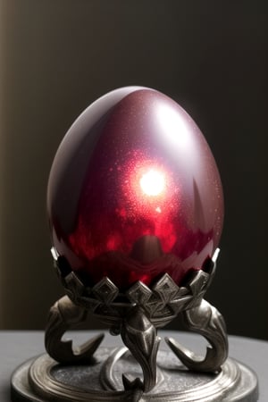 Easter egg, crystal egg, super detailed, glare from behind, branded warrior, overlord egg, main body red egg, eclipse in the background, hand-shaped metal stand, main body clear,berserk