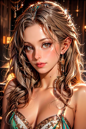 masterpiece, animation style, very detailed, HD, 1girl, solo, elf, elf ears, silver tiara, long hair, feathers, jewelry, white hair, gradient hair, gems, lips, glitter particles background, bokeh, masterpiece , best quality, 16k, ultra-detailed, detailed, high resolution, perfect dynamic composition, detailed eyes, emerald green eyes, cinematic lighting, detailed background, depth of field, perfect proportions, ultra-detailed skin, clear Skin, wind blowing hair, full body, desert background, rune text on body