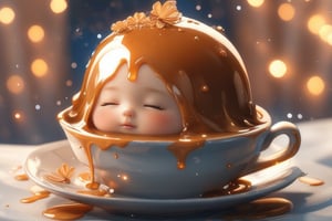 Cute little pudding, very comfortable to lie down and sleep in, cup shape, with melted caramel, semi-liquid flow down