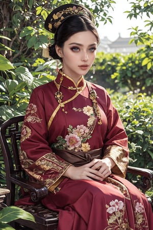 This is a photo showing a woman wearing traditional Chinese clothing, reflecting a historical or period style. The subject of the photo is the woman, wearing a bright, richly decorated and intricately embroidered dress. On her head is a special black hat decorated with a large pink flower and a golden butterfly. The background is composed of lush green foliage, suggesting a natural outdoor scene. The focus of the composition is the calm and dignified facial expression of the woman as she gently holds the leaf. This image exudes the essence of cultural richness, elegance and history.32k,