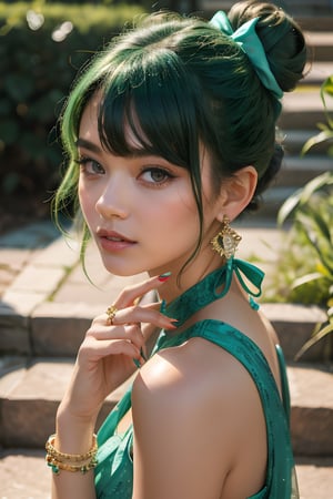 1girl, solo, looking at viewer, bangs, dress, bow, jewelry, green eyes, upper body, hair bow, earrings, green hair, hair bun, nail polish, bracelet, petals, aqua hair, makeup, stairs, realistic, red lips