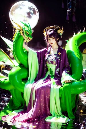 1 girl, long hair, black hair, Qing Dynasty aristocratic female hair accessories are very gorgeous, covered with various gems and gold, sitting on a dragon chair, dragon, dragon tail, scales, behind there is a purple oriental dragon, huge dragon wings , black dragon horns, sharp claws, grasping this purple-light night pearl, red sky, black clouds, gorgeous red background, with gold-rimmed embroidered phoenix Hanfu, long sleeves with black water on the cuffs, the moon, a palace full of flames, buildings, East Asian Architecture Forbidden City, Oriental Dragon, Empress Dowager Cixi, purple eyes, luminous pearls on the palm covered with purple flames, surrounded by a large number of golden jewels, the whole body is filled with purple evil spirit, nodf_lora
(Long straight purple hair, with bangs), (obviously purple eyes)