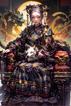 1 girl, long hair, purple hair, Qing Dynasty aristocratic female hair accessories are very gorgeous, covered with various gems and gold, sitting on a dragon chair, dragon, dragon tail, scales, behind there is a purple oriental dragon, huge dragon wings , black dragon horns, sharp claws, grasping this purple-light night pearl, red sky, black clouds, gorgeous red background, with gold-rimmed embroidered phoenix Hanfu, long sleeves with black water on the cuffs, the moon, a palace full of flames, buildings, East Asian Architecture Forbidden City, Oriental Dragon, Empress Dowager Cixi, purple eyes, luminous pearls on the palm covered with purple flames, surrounded by a large number of golden jewels, the whole body is filled with purple evil spirit, nodf_lora
(Long straight purple hair, with bangs), (obviously purple eyes)
,清朝