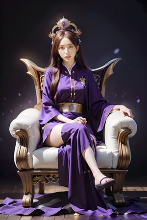 1 girl, long hair, black hair, Qing Dynasty aristocratic female hair accessories are very gorgeous, covered with various gems and gold, sitting on a dragon chair, dragon, dragon tail, scales, behind there is a purple oriental dragon, huge dragon wings , black dragon horns, sharp claws, grasping this purple-light night pearl, red sky, black clouds, gorgeous red background, with gold-rimmed embroidered phoenix Hanfu, long sleeves with black water on the cuffs, the moon, a palace full of flames, buildings, East Asian Architecture Forbidden City, Oriental Dragon, Empress Dowager Cixi, purple eyes, luminous pearls on the palm covered with purple flames, surrounded by a large number of golden jewels, the whole body is filled with purple evil spirit, nodf_lora
(Long straight purple hair, with bangs), (obviously purple eyes)