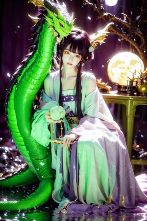 1 girl, long hair, black hair, Qing Dynasty aristocratic female hair accessories are very gorgeous, covered with various gems and gold, sitting on a dragon chair, dragon, dragon tail, scales, behind there is a purple oriental dragon, huge dragon wings , black dragon horns, sharp claws, grasping this purple-light night pearl, red sky, black clouds, gorgeous red background, with gold-rimmed embroidered phoenix Hanfu, long sleeves with black water on the cuffs, the moon, a palace full of flames, buildings, East Asian Architecture Forbidden City, Oriental Dragon, Empress Dowager Cixi, purple eyes, luminous pearls on the palm covered with purple flames, surrounded by a large number of golden jewels, the whole body is filled with purple evil spirit, nodf_lora
(Long straight purple hair, with bangs), (obviously purple eyes)