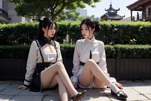 Two lovely palace maids were sitting in the garden chatting.
(long black hair, bangs), looking at the viewer, (obviously not dark eyes), long eyebrows, soft makeup, ombre lips, (huge breasts), plump body, long straight legs, sweet, Fingers detailed, background detailed, ambient lighting, extremely detailed, cinematic shots, realistic illustrations, masterpiece, perfect skin,

Sun exposure, outdoor, quiet, normal feet, no redundant text and watermarks, beauty, masterpiece, real, realistic, cyberpunk ,鄰家女孩,cyber punk,美女,沙龍,女孩,清朝