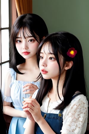 2 girls, black hair, 鄰家女孩,full_body,Female students are blowing air by the window, holding a flower in their hands and arranging each other's hair with their hands