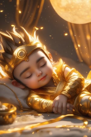 Cute little Sun Wukong, lying down and sleeping comfortably, next to him are a golden headband, a golden hoop and a golden battle armor.