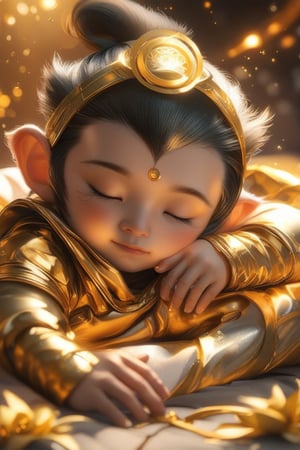 Cute little Sun Wukong, lying down and sleeping comfortably, next to him are a golden headband, a golden hoop and a golden battle armor.