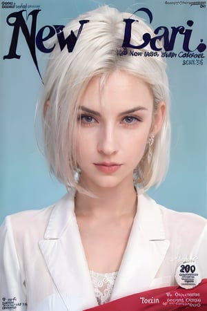 1girl, solo, upper body, white hair, lips, traditional media, reality, pop idol magazine, title font "New Lora Is Coming", attractive cover with beauty characters,jpop cover 80s